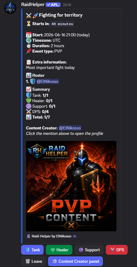 Real Raid Helper event displayed in Discord